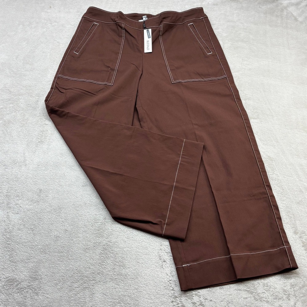 Chico's Brigitte Wide Leg Crop Pants Womens 2R 12R Brown Contrast Stitch Trouser